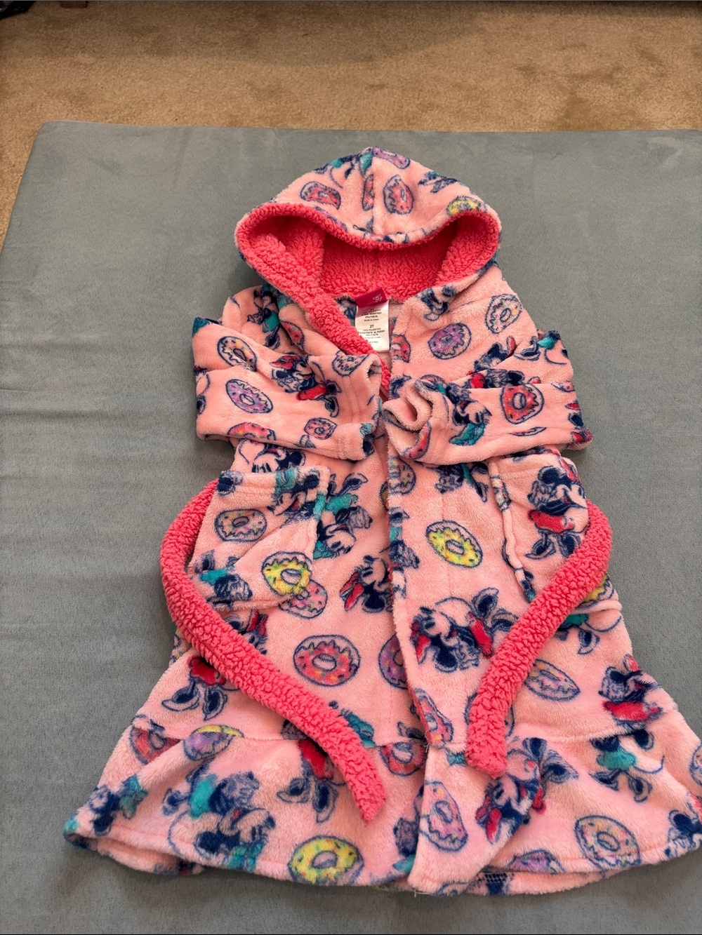 Pink Hooded Kids Pajama Robe w/ Minnie Mouse and Donuts Print 2T